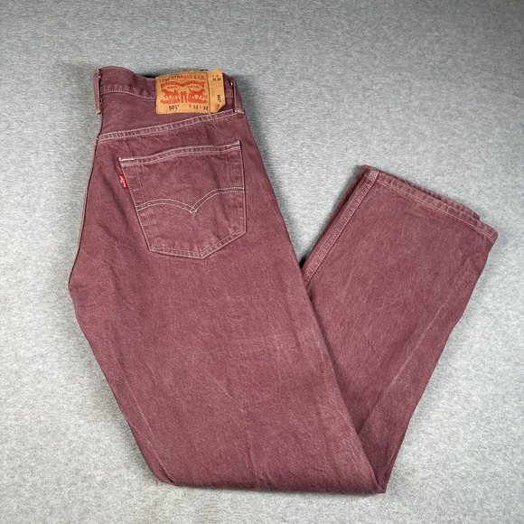 Levi's 501 Burgundy Maroon Jeans Men's 33x32 Fits 32x30 Button Fly Straight - Picture 1 of 12